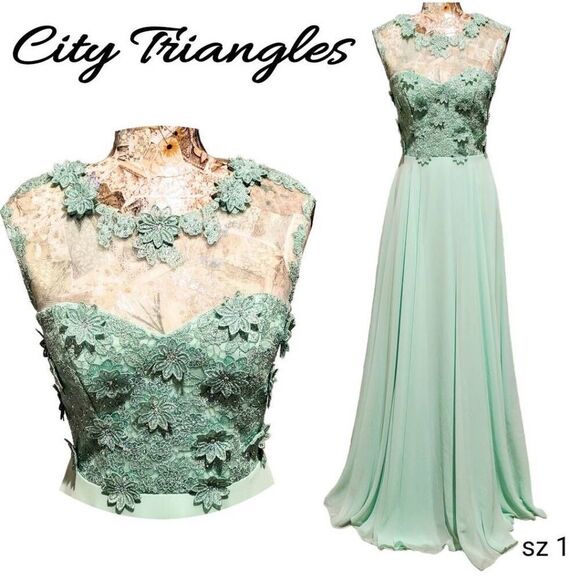 Formal Lt Green Rhinestones Floral Lace Sweetheart Bodice Long Gown Maxi Dress - Picture 6 of 15